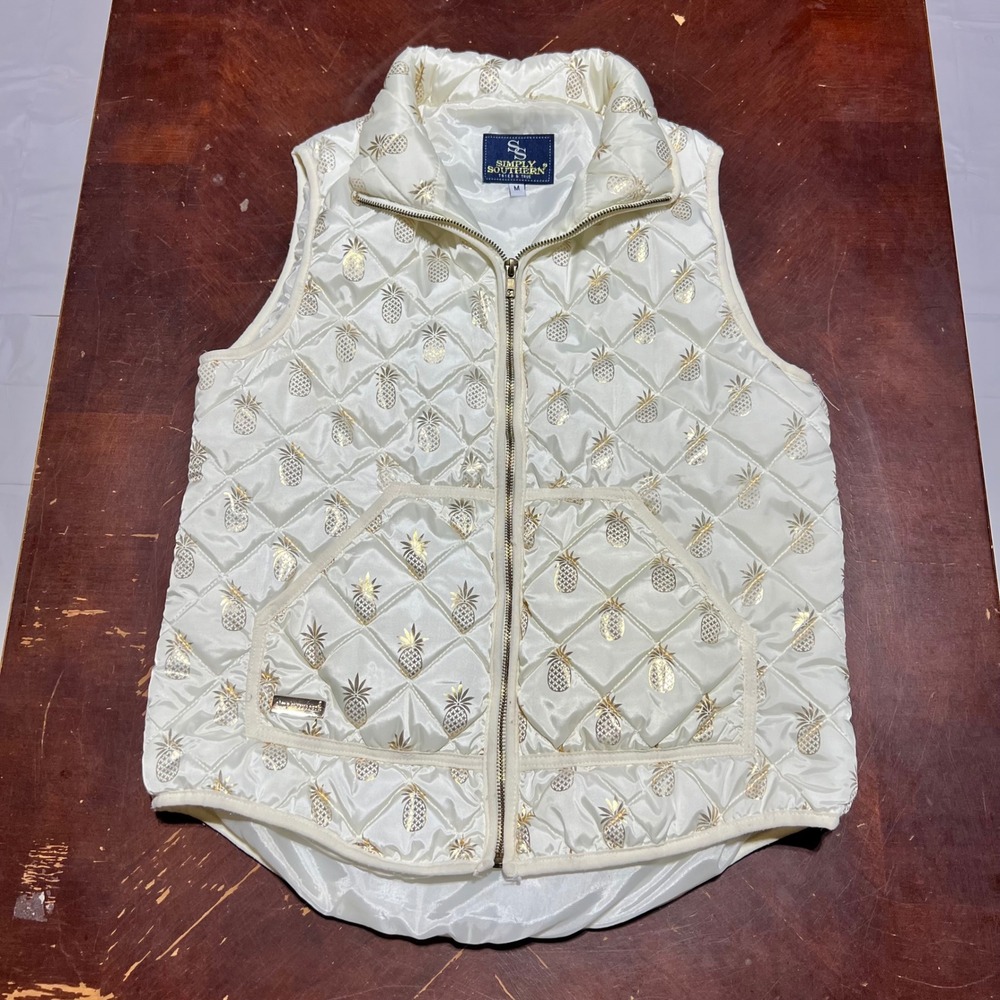 Simply Southern Womens White‎ Gold Metallic Pineapple Quilted Puffer Vest Medium